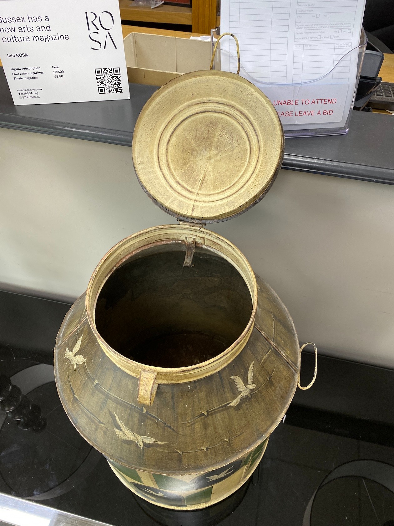 A French toleware flour bin painted with a dovecote, height 60cm